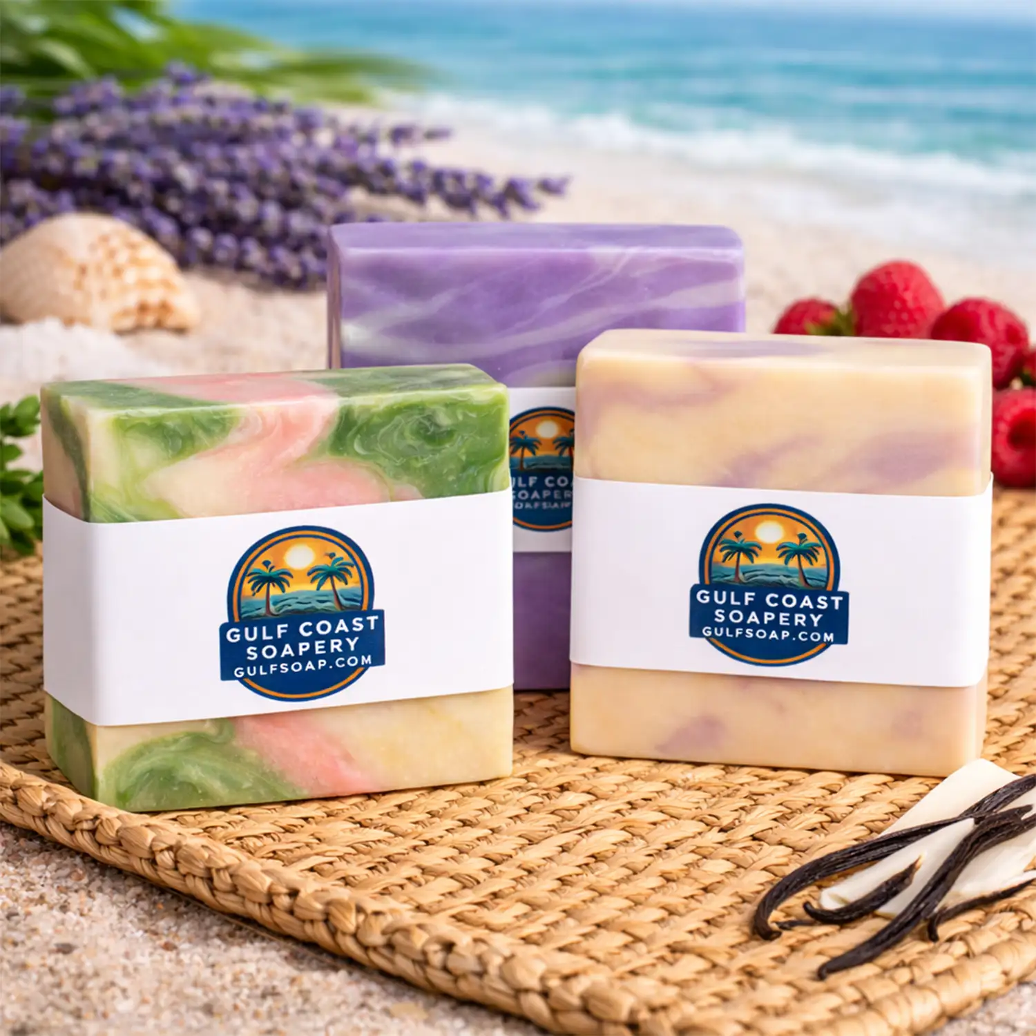 Gulf Coast Soapery signature three-soap bundle arranged in a coastal luxury setting